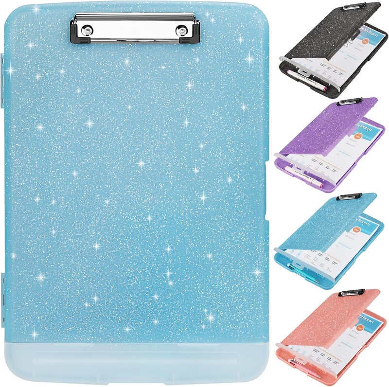 SFLHHDM Glitter Clipboard with Storage,Storage Clipboard with Pen Holder,A4 Binder Clip Boards 8.5x11 with Low Profile Clip,Side Opening Sparkle Clipboards, Clipboards Folder for Office Supplies-Aqua Blue - Image 1